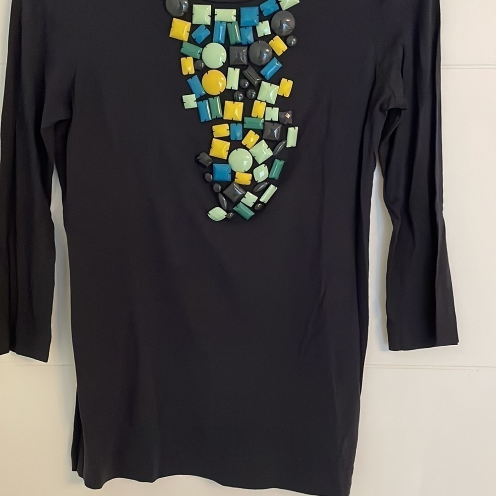 Tory Burch Razi Beaded Navy 3/4 Sleeves Stretchy Embellished Top Career Office S - Picture 3 of 5
